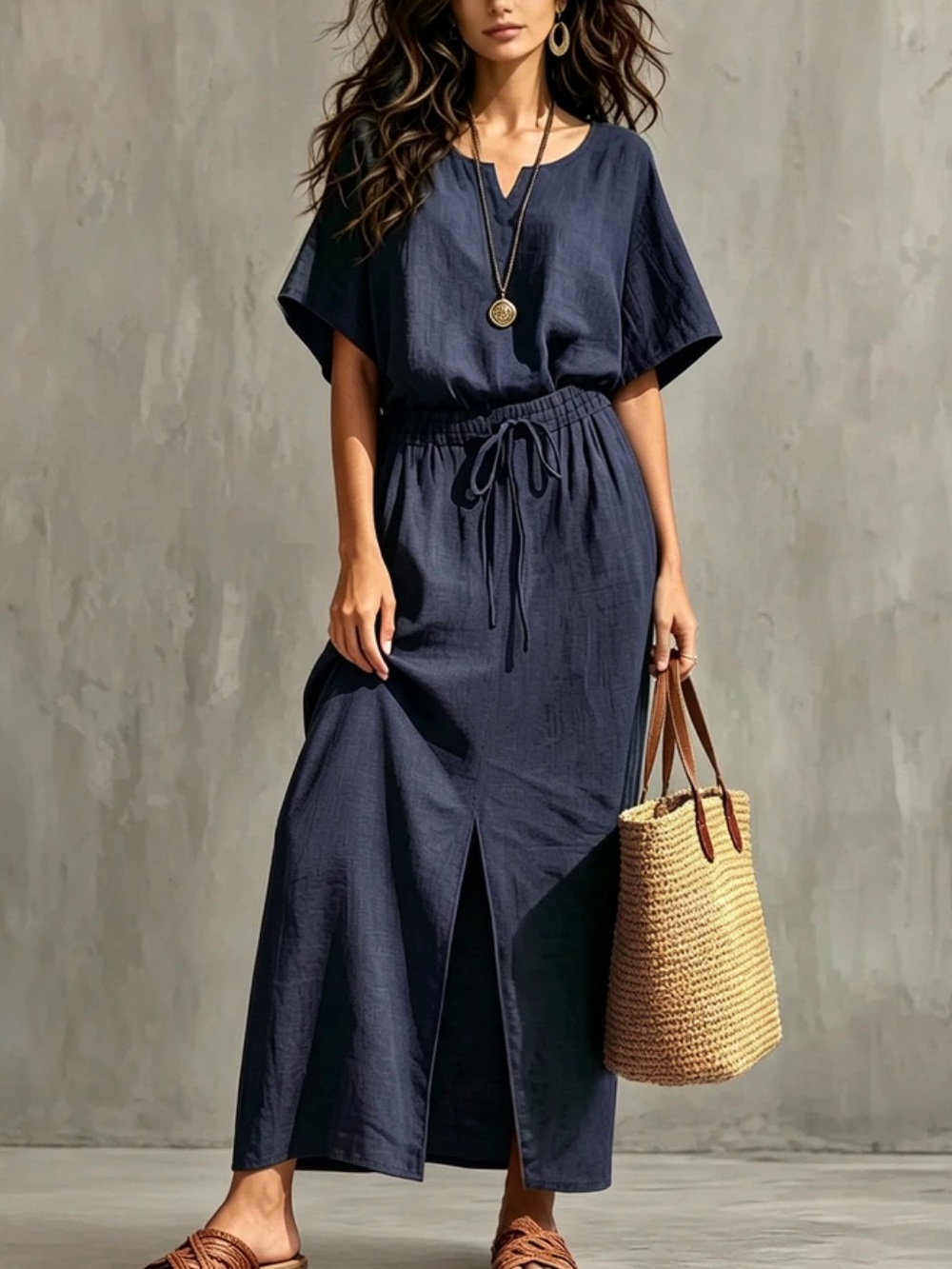 Navy Top and Skirt Set  with Front Slit